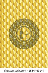 bottle and glass of wine icon inside gold emblem or badge. Scales pattern. Vector Illustration. Detailed.