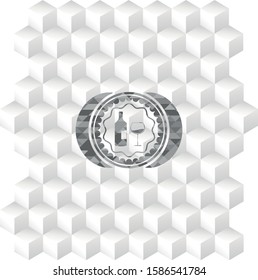 bottle and glass of wine icon inside grey emblem with cube white background