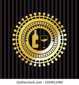 bottle and glass of wine icon inside gold shiny emblem