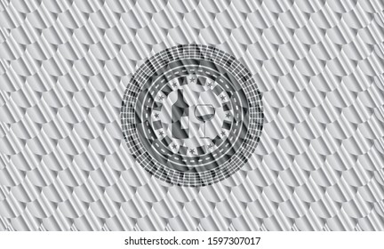 bottle and glass of wine icon inside silver emblem or badge. Scales pattern. Vector Illustration. Detailed.