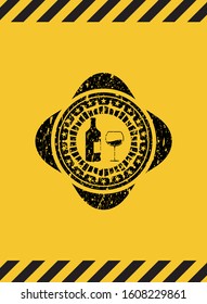 bottle and glass of wine icon inside warning sign, black grunge emblem. Vector Illustration. Detailed.