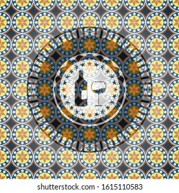 bottle and glass of wine icon inside arabesque badge background. arabic decoration.