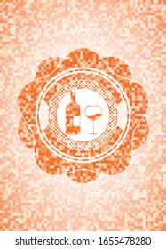 bottle and glass of wine icon inside orange mosaic emblem with background