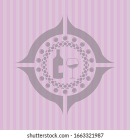 bottle and glass of wine icon inside vintage pink emblem