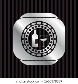 bottle and glass of wine icon inside silver badge or emblem