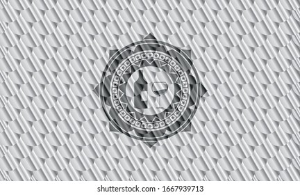 bottle and glass of wine icon inside silver color badge or emblem. Scales pattern. Vector Illustration. Detailed.
