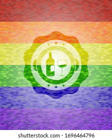 bottle and glass of wine icon inside lgbt colors emblem 
