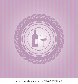 bottle and glass of wine icon inside pink icon or emblem