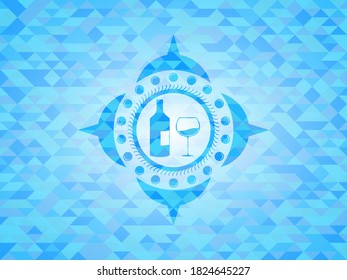 bottle and glass of wine icon inside sky blue emblem with mosaic background. 