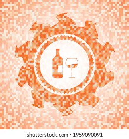 bottle and glass of wine icon inside abstract orange mosaic emblem. 
