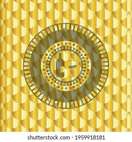 bottle and glass of wine icon inside golden emblem or badge. Scales pattern. Vector Illustration. Detailed. 