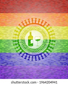 bottle and glass of wine icon inside emblem on mosaic background with the colors of the LGBT flag. 