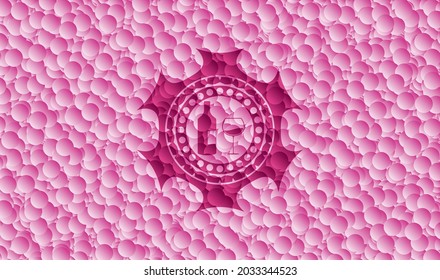bottle and glass of wine icon inside retro style pink emblem with bubbles background. Vector Illustration. Detailed. 