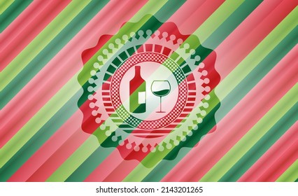 botella y vaso de icono de vino dentro del emblema del estilo de los colores de navidad. 