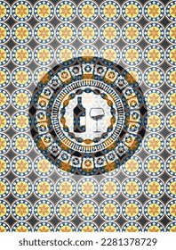 bottle and glass of wine icon inside arabic style badge. Arabesque decoration. 