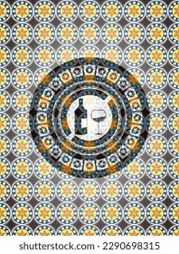 bottle and glass of wine icon inside arabesque emblem background. arabic decoration. 