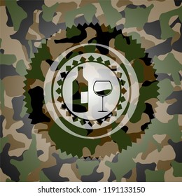 bottle and glass of wine icon on camo pattern