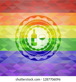 bottle and glass of wine icon on mosaic background with the colors of the LGBT flag