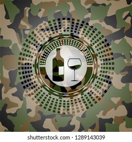 bottle and glass of wine icon on camo texture