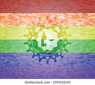 bottle and glass of wine icon on mosaic background with the colors of the LGBT flag