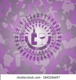 bottle and glass of wine icon on pink camo texture. 