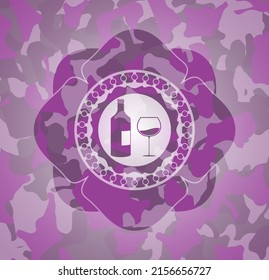 Bottle And Glass Of Wine Icon On Pink Camo Pattern. 