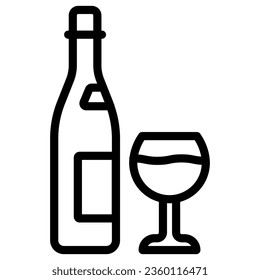 Bottle and glass of wine line icon, Wine festival concept, Alcoholic drink for celebration sign on white background, Bottle of wine and wineglass icon in outline style. Vector graphics