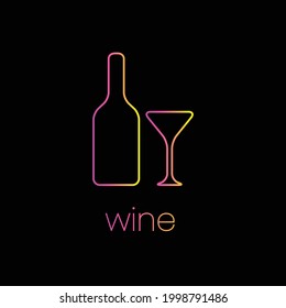 Bottle and Glass Wine Logo Concept. Line Logotype. Gradient. Pink and Yellow. Logo, Icon, Symbol and Sign. Black Background
