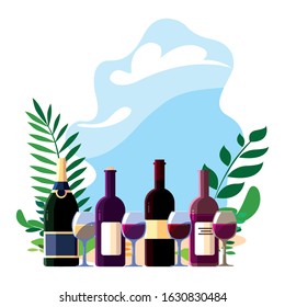 bottle and glass of wine on background landscape vector illustration design