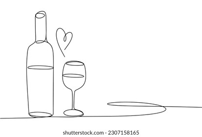 Bottle and glass of wine. One line drawing for different uses. Vector illustration.