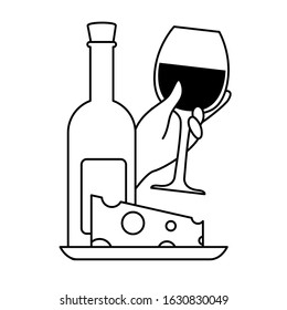 bottle and glass of wine with piece of cheese vector illustration design