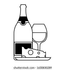 bottle and glass of wine with piece of cheese vector illustration design
