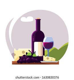bottle and glass of wine with piece of cheese and grapes vector illustration design