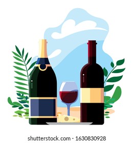 bottle and glass of wine with piece of cheese vector illustration design