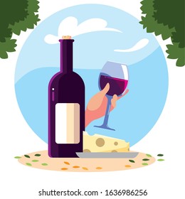 bottle and glass of wine with piece of cheese vector illustration design