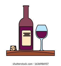bottle and glass of wine with piece of cheese vector illustration design