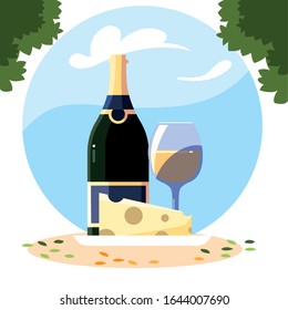 bottle and glass of wine with piece of cheese vector illustration design
