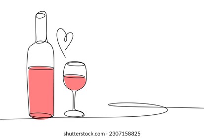 Bottle and glass of wine. Pink wine. International Rose Day. One line drawing for different uses. Color vector illustration.