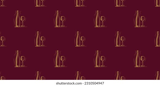 Bottle and glass of wine seamless pattern, gold print on marsala background, contour doodle illustration 