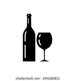 Bottle and glass of wine silhouette. Alcohol drink shape elements. Vector illustration isolated on white background