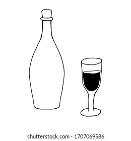 A bottle and a glass of wine. Simple hand drawing, Doodle. Vector black and white illustration. Isolated element on a white background.