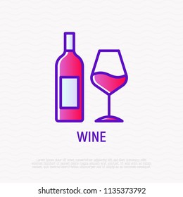 Bottle and glass with wine thin line icon. Modern vector illustration.