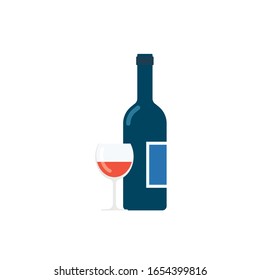 Botella y vaso de vino. Gráficos vectoriales en un estilo plano.