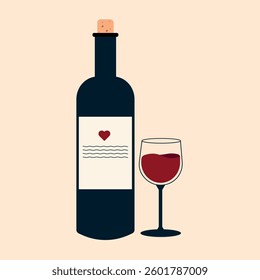 bottle and a glass of wine. Vector illustration in flat style For web, info graphics.