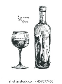 Bottle and glass. Wineglass. Vessels with wine. Graphic illustration. Drawn by hand. The inscription "I love wine." It can be used as an idea for a tattoo.