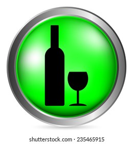 Bottle and glasse button on white background. Vector illustration.