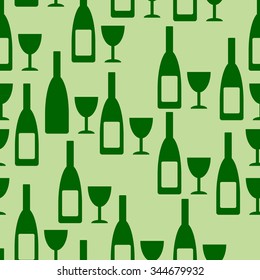 Bottle and glasse seamless pattern on green background. Vector illustration.