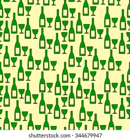 Bottle and glasse seamless pattern on yellow background. Vector illustration.