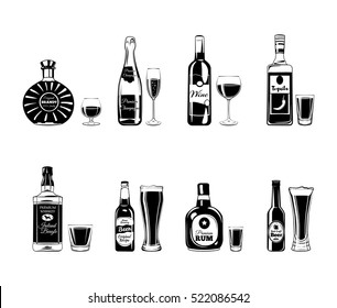 Bottle and Glasses Alcohol Elements. Tequila, Champagne, Whisky, Wine, Brandy, Beer Rum, Champagne, wine, rum, brandy whiskey beer tequila Vector Illustration Isolated On White Background