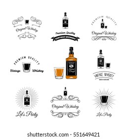 Bottle and Glasses Alcohol Elements. Tequila, Champagne, Whisky, Wine, Brandy, Beer Rum Vector Illustration Isolated On White Background.